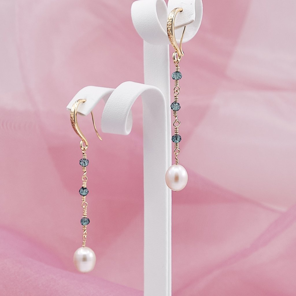 Pearl & London Blue Topaz Earrings, 14k Gold Filled